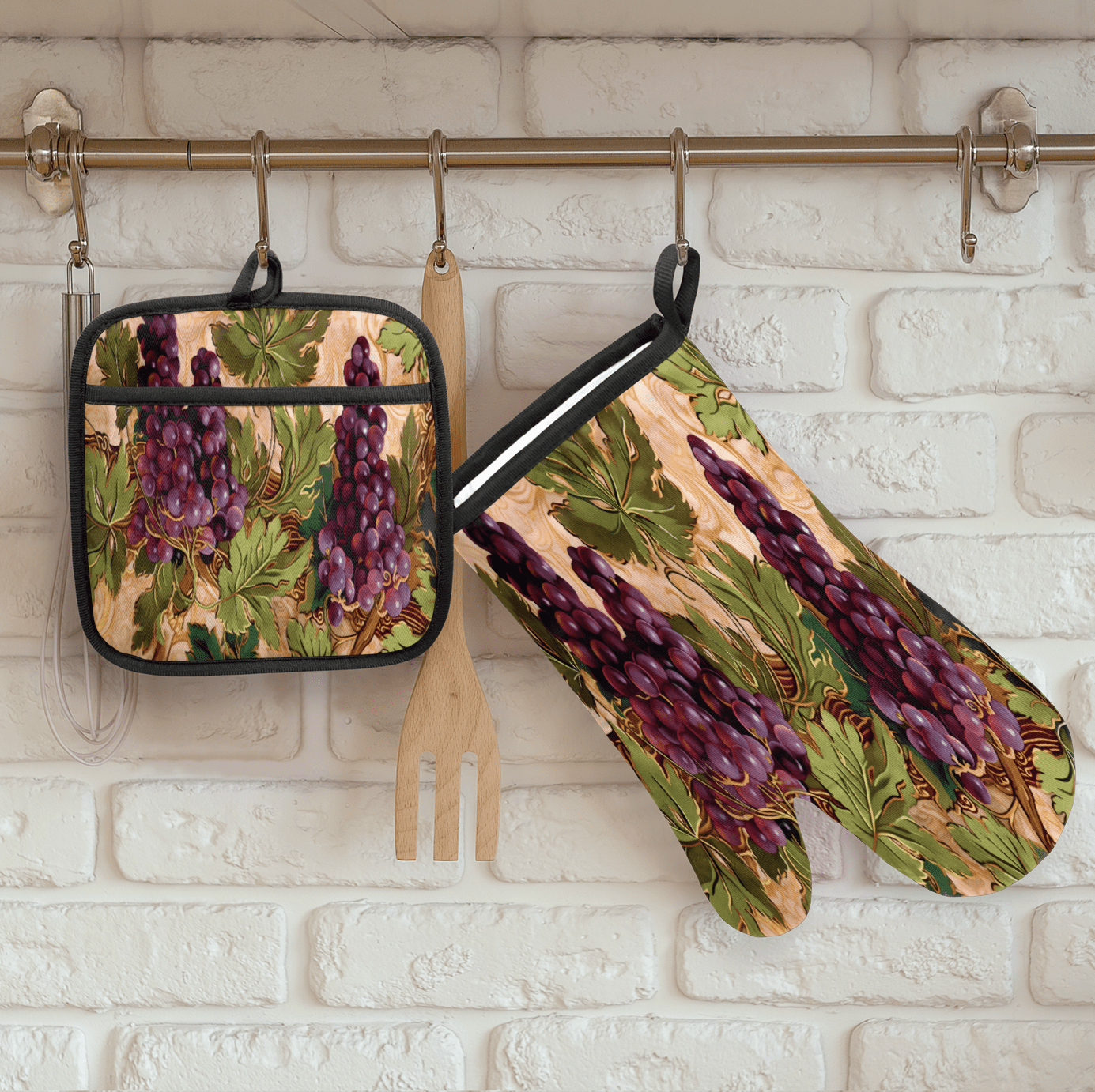 CURLYOOT Vintage Grape Oven Mitts and Pot Holders Sets of 2, Non-Slip Washable Hot Pads and Oven Gloves for Kitchen Cooking Baking