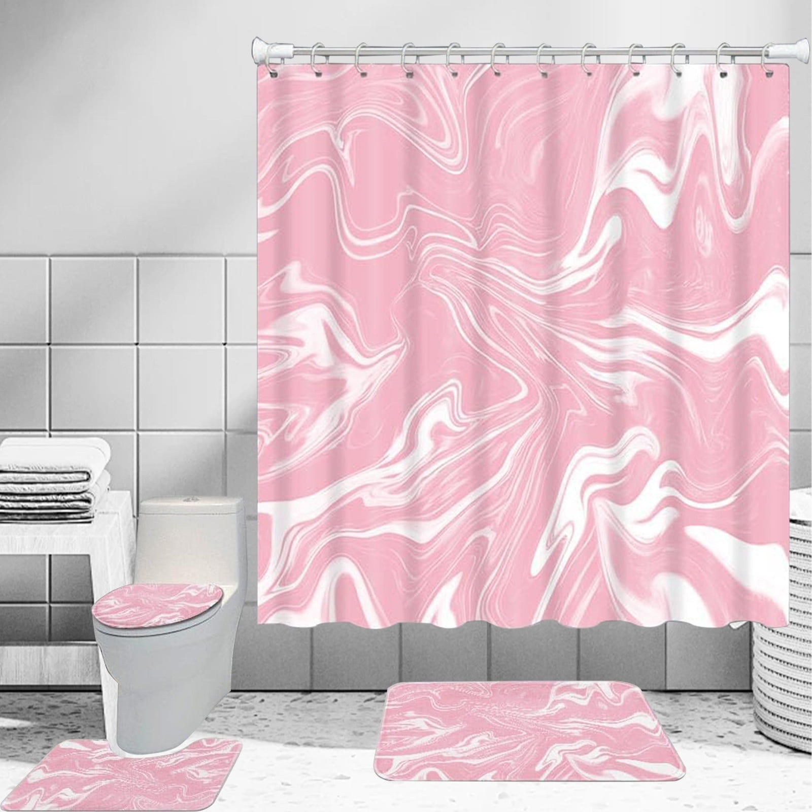 70x70 Inches Bathroom Decor 4 Pcs Shower Curtain Set With Rugs ColorfulMarbles Bathroom Set With AntiSlip Rug Toilet Lid Cover Bath Mat And 12 Hooks