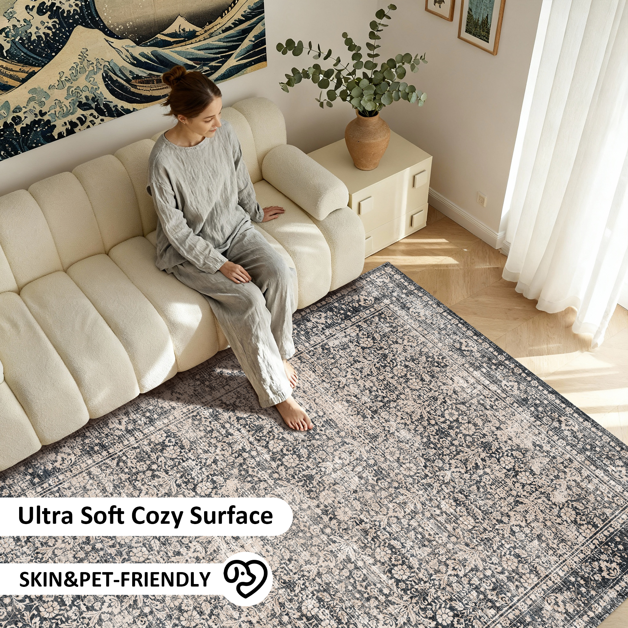 Pentantan 9'x12' Area Rugs, Washable Vintage Boho Rugs for Living Room, Retro Soft Indoor Carpet for Bedroom, Dining Room, Office, Black