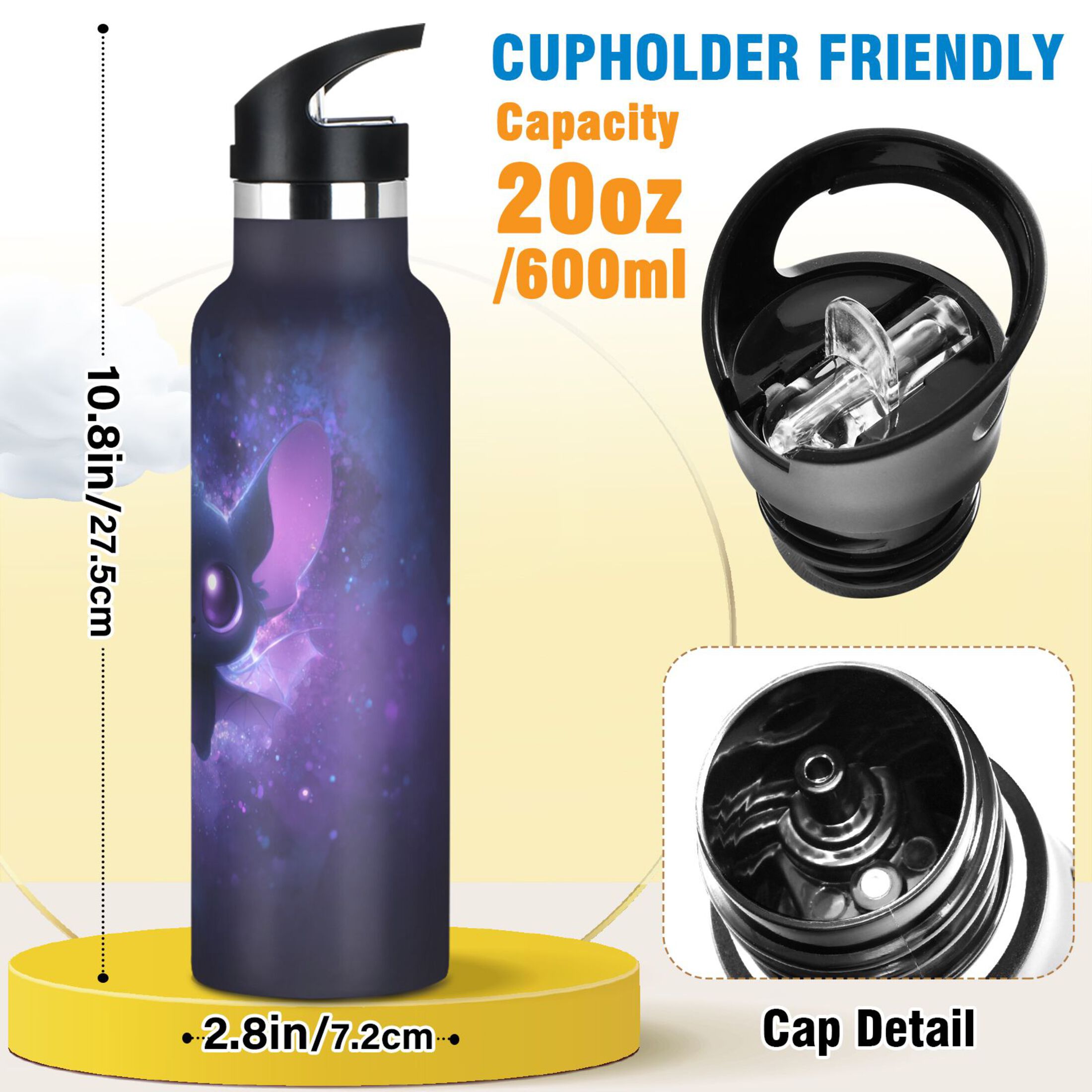 600ML Stainless Steel Insulated Cup Sports Water Bottle Portable Thermos Cup Water Glasses Insulated Tumblers Convenient and Durable Cute Bat