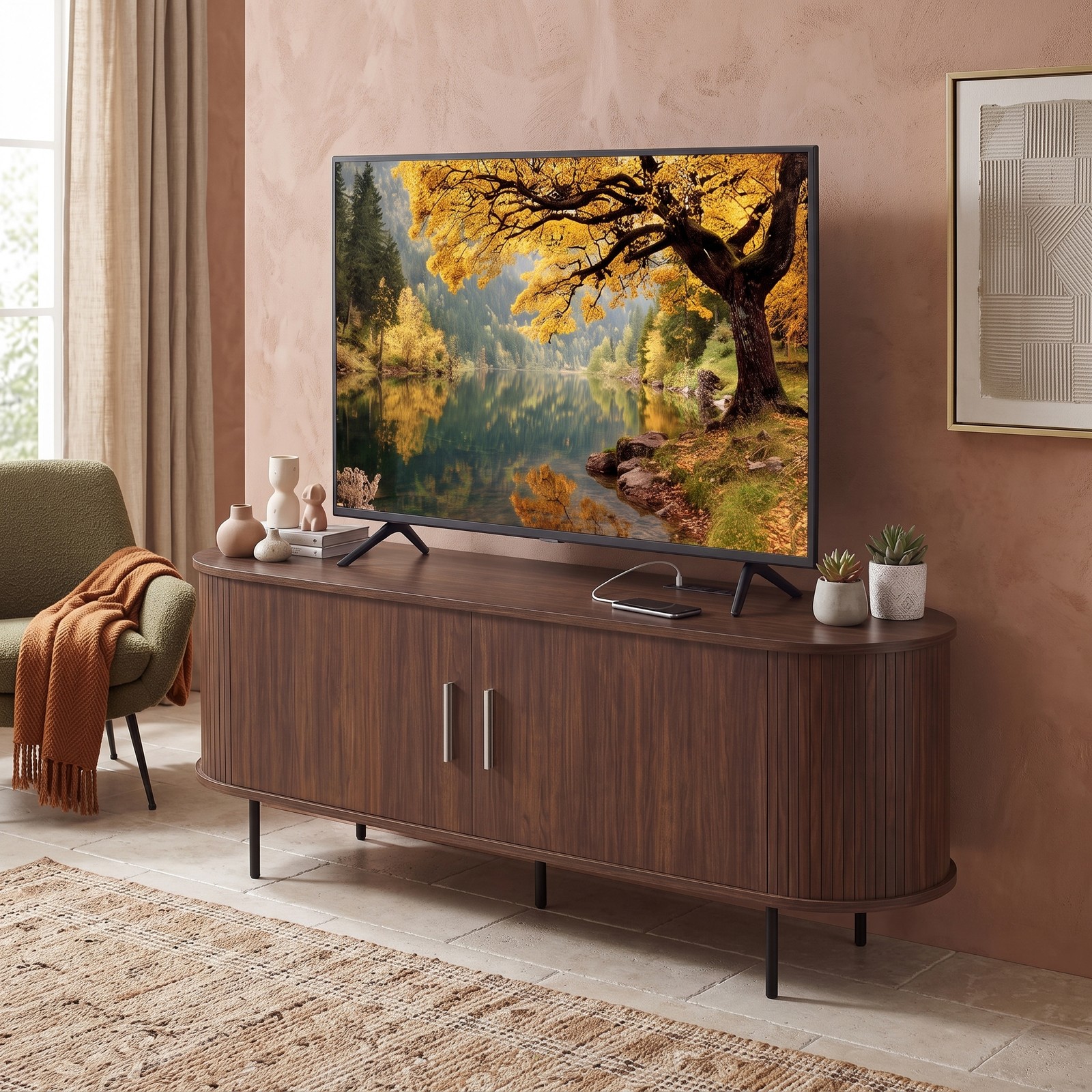 Furnibear Fluted TV Stand for TVs up to 60 Inch, Mid Century Modern Curved Entertainment Center with Open Storage Shelves, Wood Media Console Table for Living, Walnut
