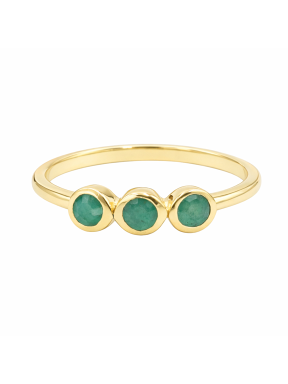 Earth Gems Jewelry Emerald Ring for Women, Gold Plated 925 Sterling Silver Three Stone Minimalist Ring