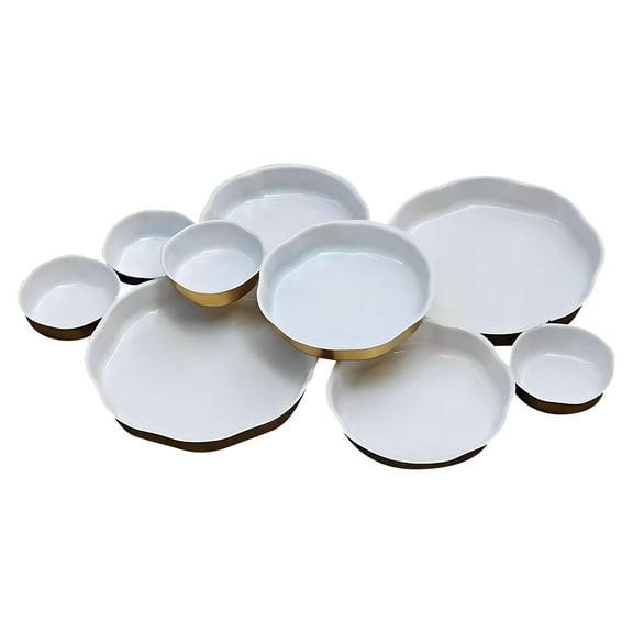 Cluster Serving Bowls, 9 Round Serving Antique White Bowls, Hand-Crafted 9 Cluster Decorative Bowls Gold Snack Tray Bowl Chip & Dip Serving, Centerpiece Room Parties Home Wedding Decorative