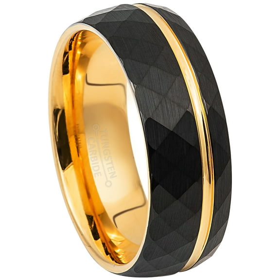 Mens Black & Gold Faceted Tungsten Carbide Wedding Band - 8mm Comfort Fit Trim Grooved Dome Tungsten Anniversary Ring #860s11