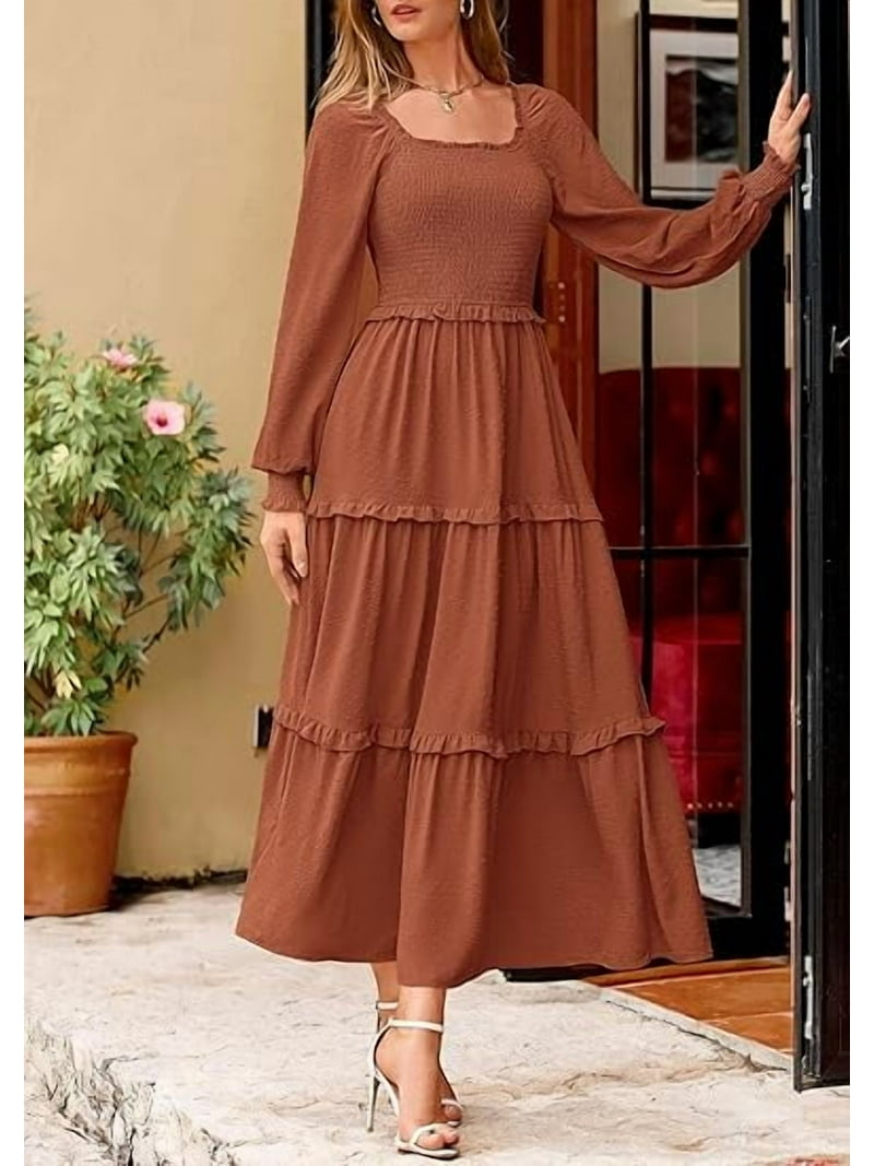 Prettygarden Women's Spring Long Sleeve Smocked Maxi Dress Casual Square Neck Swiss Dot Tiered Ruffle Flowy Pocket Dresses, Size: XL, Brown Prettygarden Women's Spring Long Sleeve Smocked Maxi Dress Casual Square Neck Swiss Dot Tiered Ruffle Flowy Pocket Dresses, Size: XL, Brown
