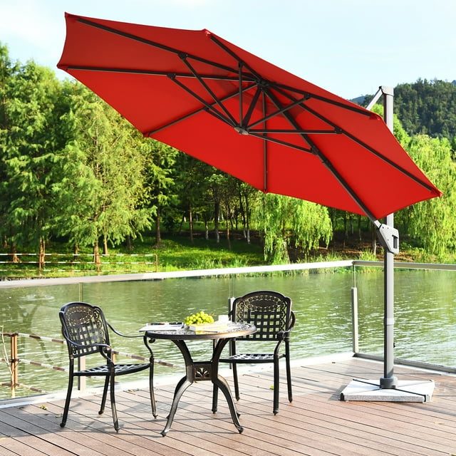Costway 11ft Patio Offset Umbrella Cantilever Rotation Aluminum Tilt Cross Base Wine
