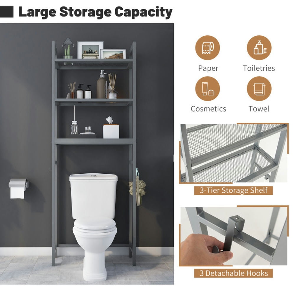 Finihen Toilet Storage Rack, Toilet Storage Shelf, Over-The-Toilet Storage Shelf Space Saving Metal Bathroom Organizer Hooks, for Bathroom, Gray
