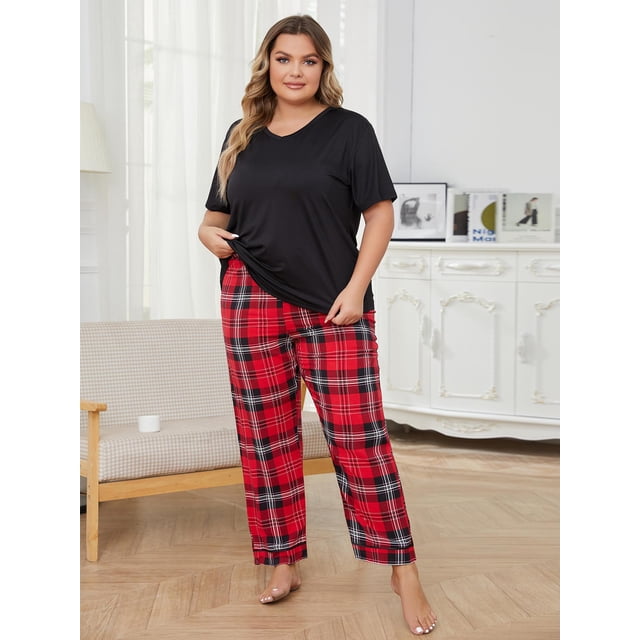 Mujer Plus Size Pijama Manga Corta Cuello en V Camiseta y Pantalón Leopardo Conjunto de 2 Piezas