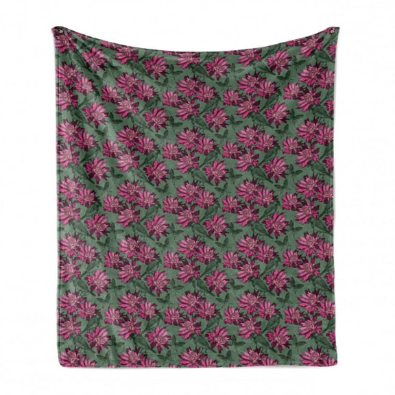 Floral Soft Flannel Fleece Throw Blanket, Birds Pointy Petals Hand Drawn Sketch Illustration, Cozy Plush for Indoor and Outdoor Use, 50" x 70", Pink Laurel Green, by Ambesonne