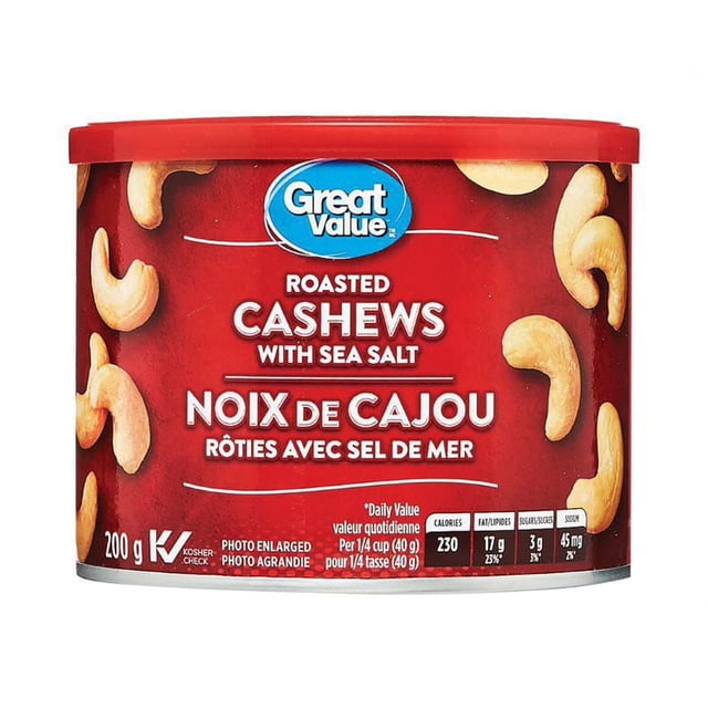 Noix de cajou rôties avec sel de mer Great Value 200g