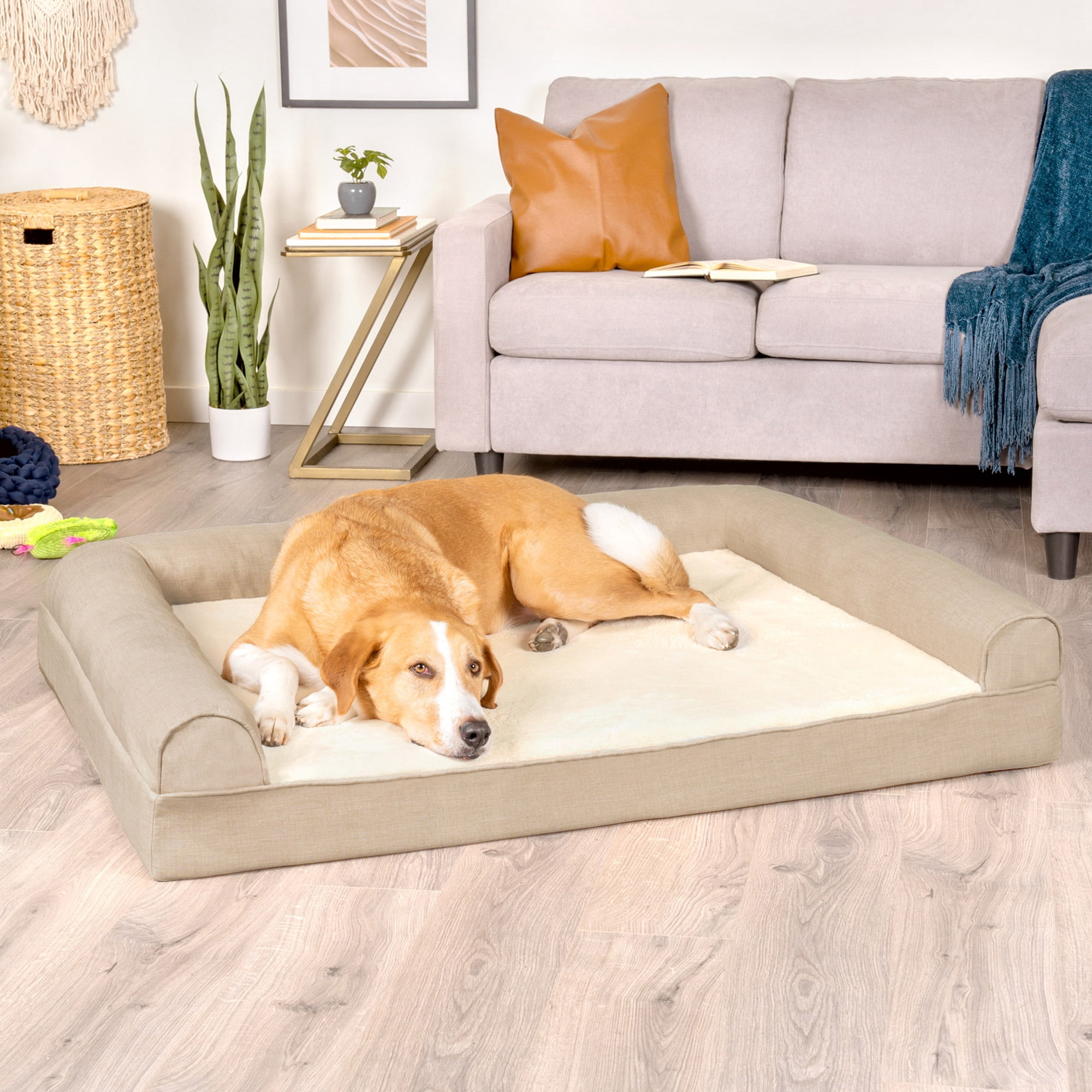 FurHaven Plush & Performance Linen Orthopedic Sofa Pet Bed for Dogs & Cats - Flax, Jumbo Plus