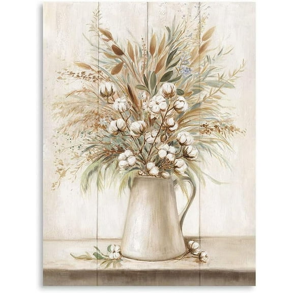 Cotton Bouquet Pictures Wall Decor Cotton Wall Art Canvas White Cotton Flowers Wall Art for Farmhouse Bedroom Decor Cotton Floral in Rustic Vase Painting Wood Texture Botanical Wall Decor 12x16