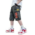 thumbnail image 2 of Wuxian Teens Boys Summer Casual Shorts Knee Length Wide Leg Comfortable Elastic Waist With Pockets Lightweight Breathable Breathable Trunks Denim Trousers Streetwear Clothes,Black,2-3 Years, 2 of 8