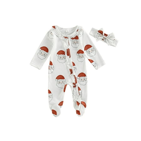 

Canrulo Christmas Newborn Baby Girl Jumpsuit Outfit Santa Printed Long Sleeves Footed Romper and Headband Set White 3-6 Months