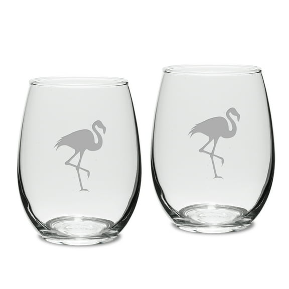 Flamingo Deep Etched Stemless White Wine Glass Set of 2