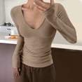 thumbnail image 2 of Lenpel Long Sleeve Shirts for Women Soft V Neck Solid Color Basic Layering Tee Tops Fall Slim Blouses, 2 of 3