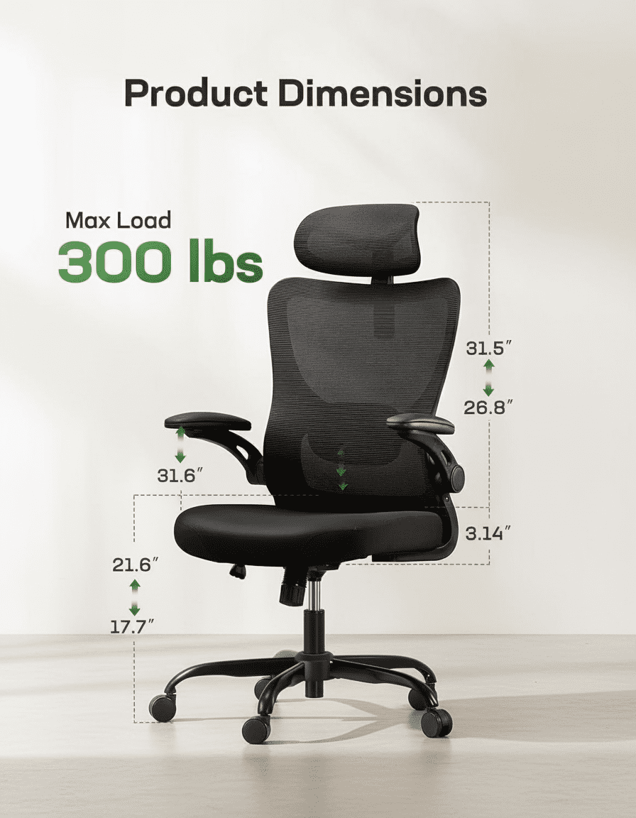 Kyspho High Back Ergonomic Office Chair with Headrest and Adjustable Lumbar Support, Mesh Desk Chair with 3D Armrests, Reclining Computer Chair for Home Office, 300 lbs Capacity