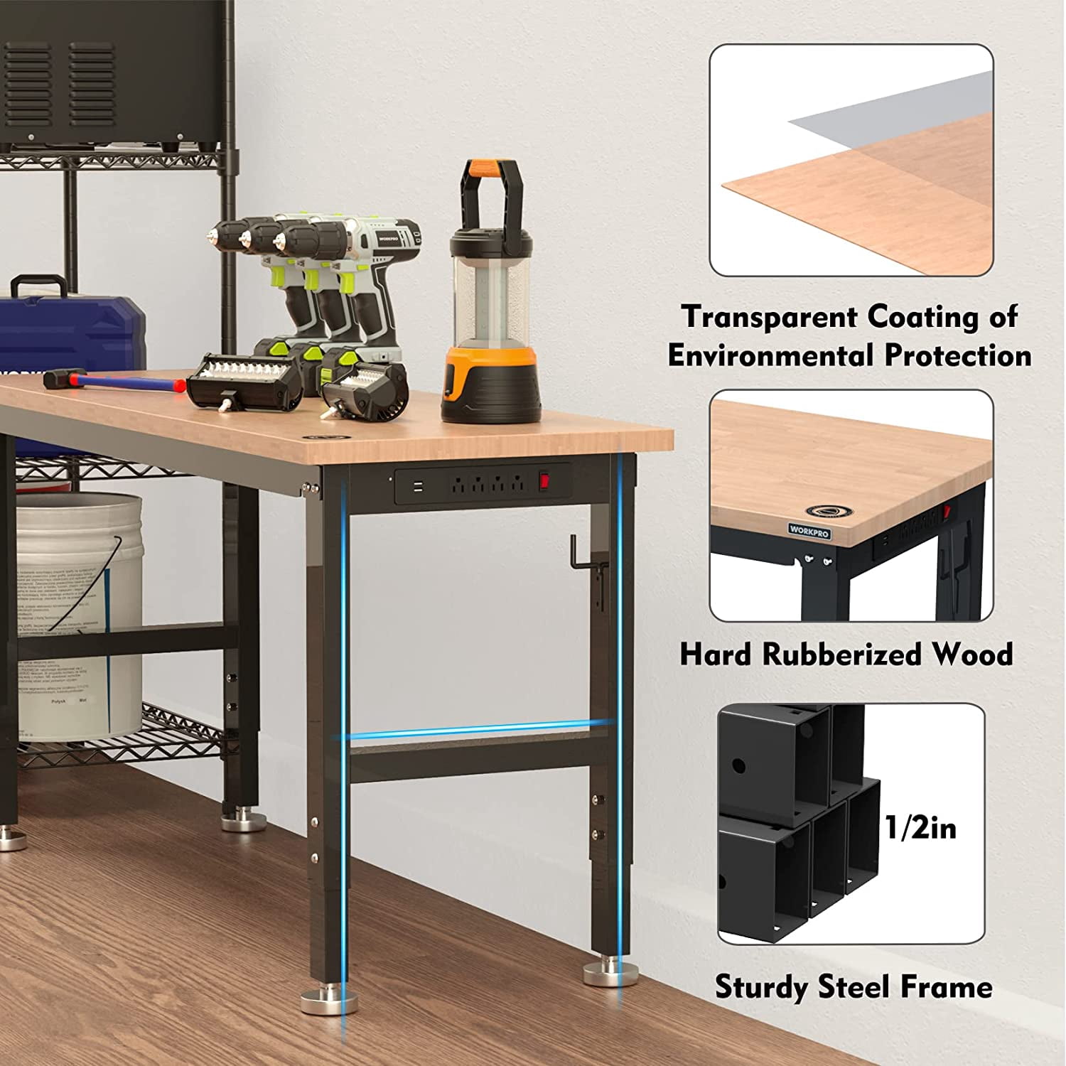 WORKPRO, Adjustable Workbench, Rubber Wood Top, 2000 LBS Load