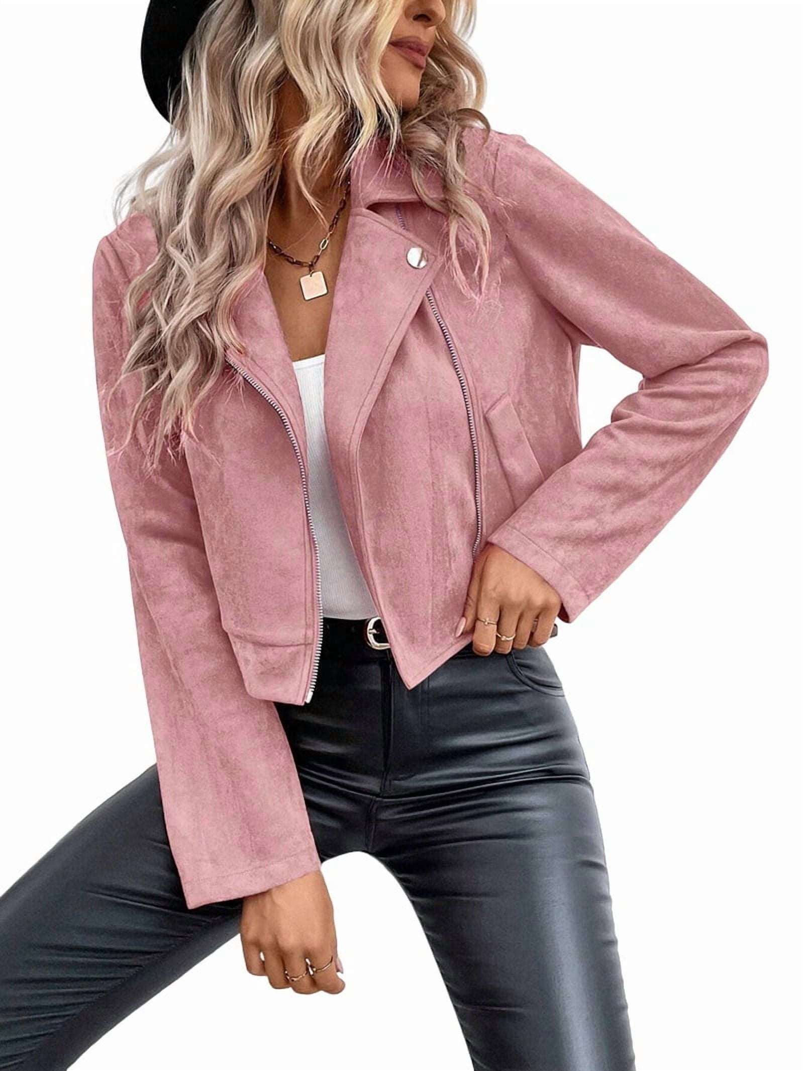 Women'S Cropped Zipper Long Sleeve Suede Faux Leather Blazer Jacket Autumn Fashion Outerwear Pink S