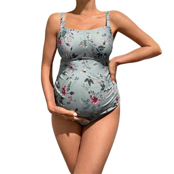Zwiiyzr 2025 Women's Floral Maternity Swimwear One Piece Halter Pregnancy Swimsuit Bathing Suits Swimwear Bikini Mint Green