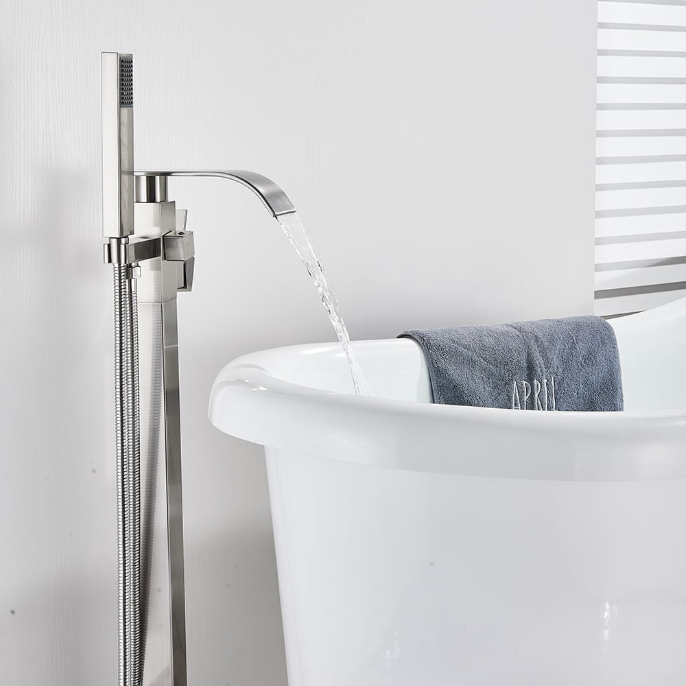 Free standing Bathtub Faucet Brushed Nickel Floor Mount Tub Filler Mixer Shower