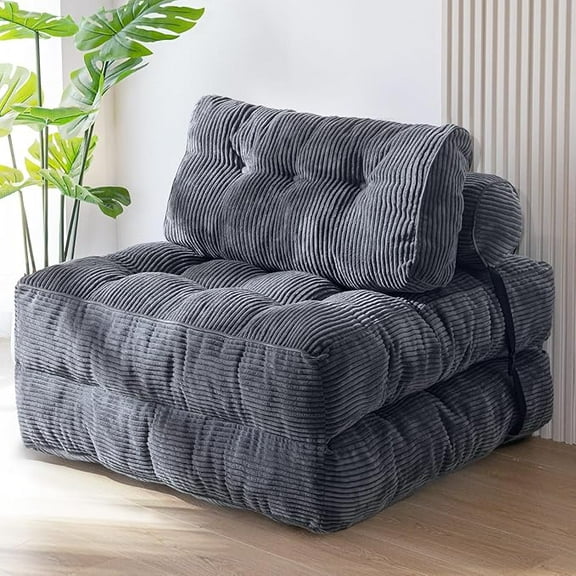 Folding sofa bed, convertible sleeping chair with pillow, foldable mattress with backrest support, portable folding chair bed, comfortable floor sofa, lounge bedroom, dark gray, single person