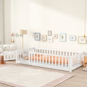 Twin Size Floor Bed Frame, Wood Montessori Bed Frame with Fence and Door, No Box Spring Needed, White