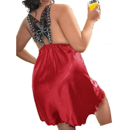 

Sexy Butterfly Spaghetti Strap Slip Dress Burgundy Sleeveless Plus Size Nightgowns & Sleepshirts