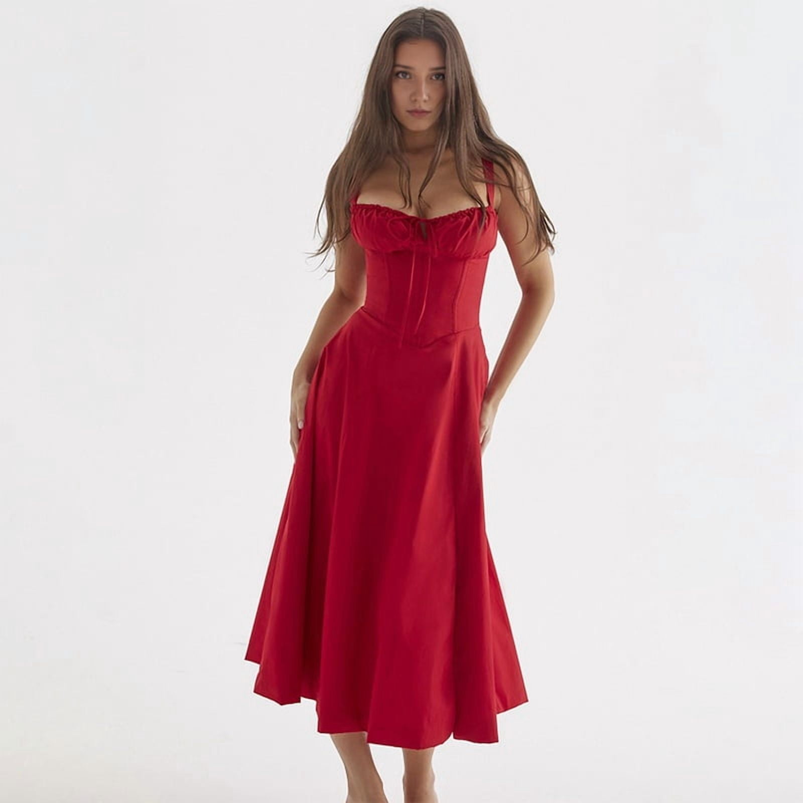 Women'S Summer Midi Corset Boho Dresses Casual Spaghetti Straps Lace Up Dress Flowy Aline Beach Sundress Red L