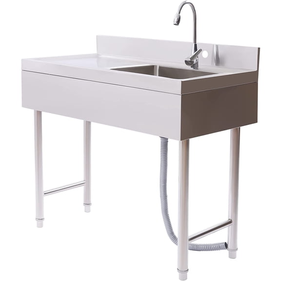 Free Standing Kitchen Sink, Stainless Steel Single Bowl Commercial Restaurant Kitchen Sink Set w/Faucet, Prep & Utility Sink Washing Hand Basin w/Workbench Indoor Outdoor 39.3x19.6x31.5in