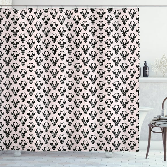 Antelope Shower Curtain, Monochrome Pattern with Abstract Animal Head Modernistic Art, Fabric Bathroom Set with Hooks, 69W X 70L Inches, Baby Pink Charcoal Grey, by Ambesonne