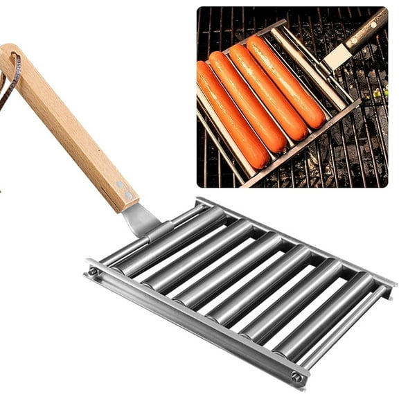 Stainless Hot Dog Roller with Wood Handle for Evenly Cooked Hot Dogs, 5 Hot Dog Capacity, Suitable for Various Restaurants, Snack Bars, Canteens, Workshops, Markets, Home