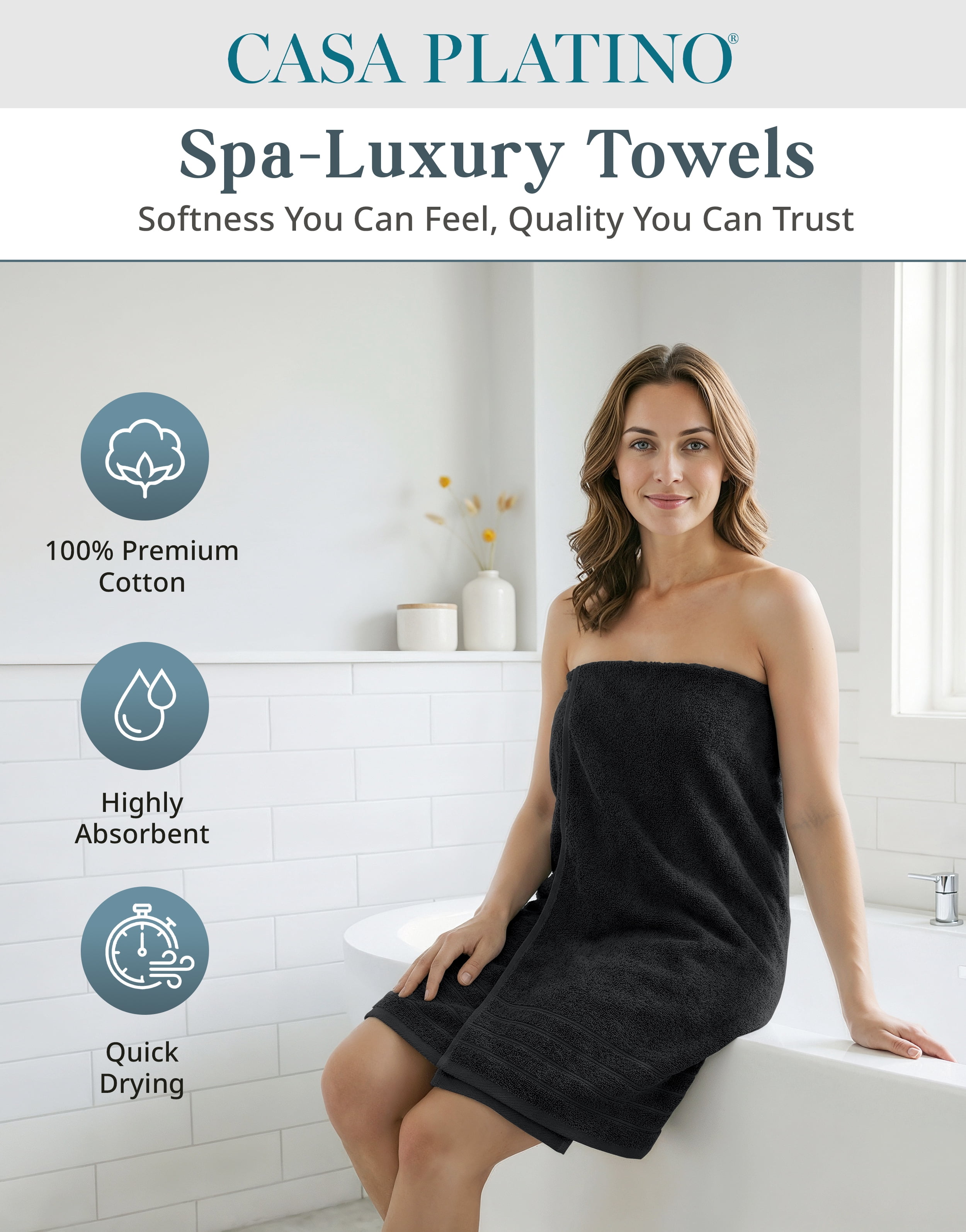Casa Platino 24-Pack Towels for Bathroom – 100% Ring-Spun Cotton, 2 Bath Sheets, 2 Gym Towel, 2 Bath, 4 Fingertip, 6 Hand, 8 Washcloths, Quick-Dry Absorbent, Spa Quality – Black