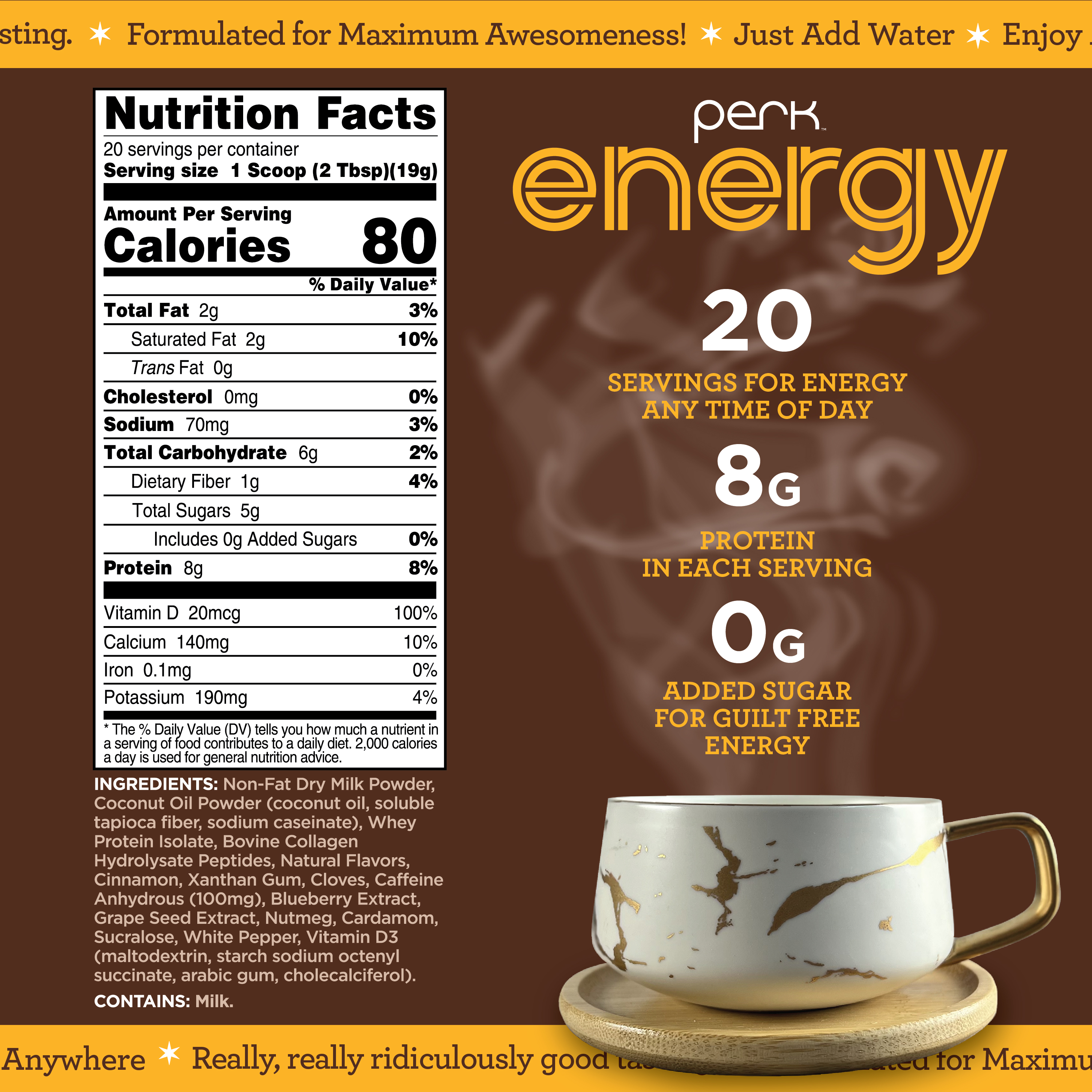 Perk Energy Drink Mix (Chai Latte) 20 Servings - Caffeinated Healthy Coffee Alternative with Protein, 100mg of Caffeine, Gluten-Free, Soy-Free