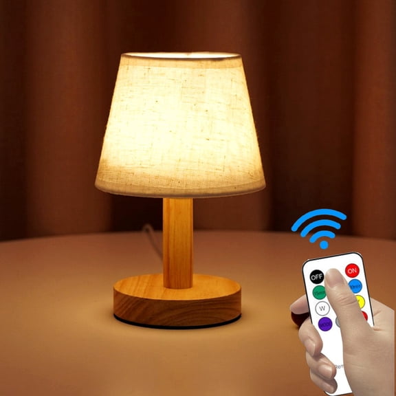 Bxaolu Small Corded Bedside Table Lamp with Dimming, Solid Round Wood Base & Linen Fabric Shade, Remote Control USB-Powered Cozy Ambient Night Light for Bedroom, Nightstand,Kitchen,Camping