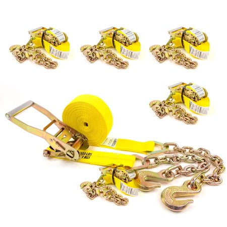 US Cargo Control Courroies à Cliquet pour Chaîne (Lot de 4) Courroies à Cliquet Jaunes de 2 Pouces x 30 Pieds avec Embout de Chaîne et Crochet de Préhension Résistance à la Rupture de 10 000 Lb Attaches pour Équipement Lourd Sangles à Cliquet Commerciales