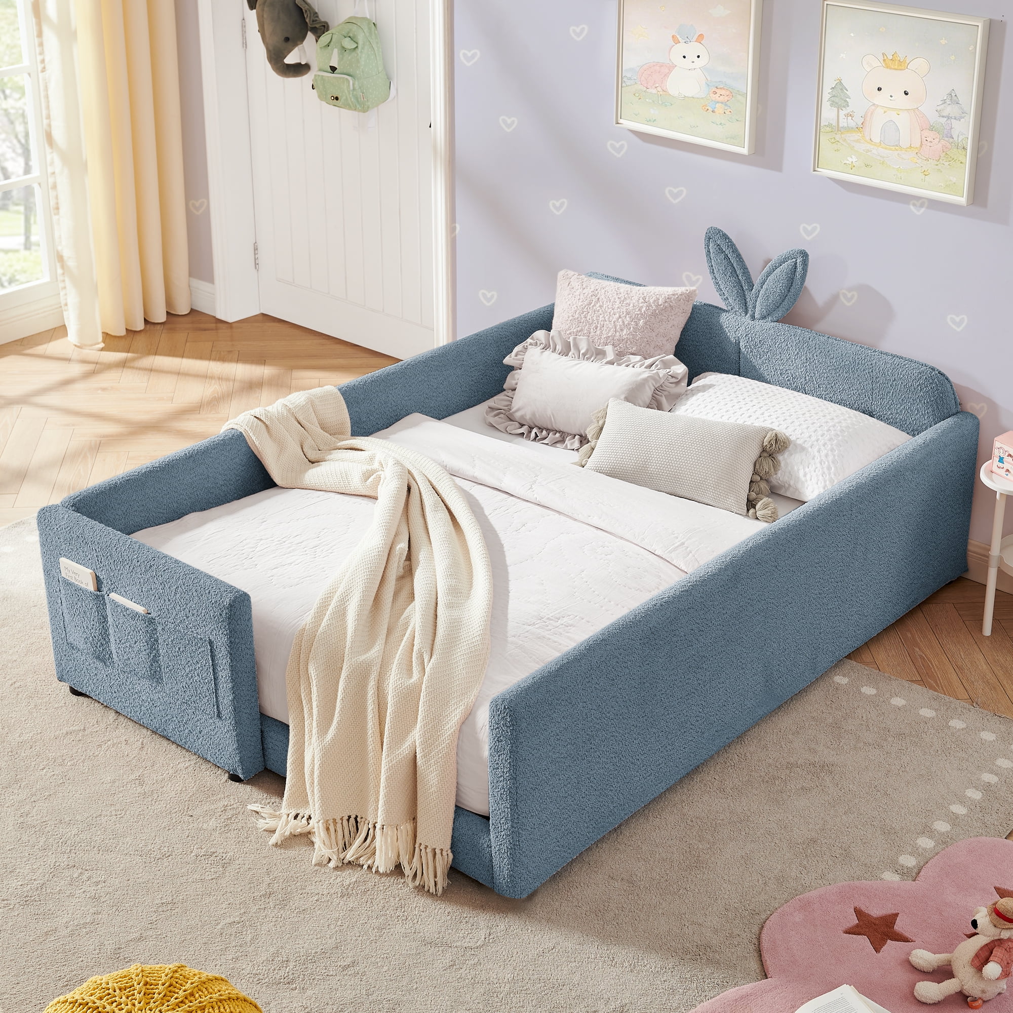 Full Size Kids Bed with Rabbit Ear Headboard, Upholstered Platform Bed with Safety Guardrail Storage Pocket Boucle Fabric for Girls Bedroom, Sky Blue