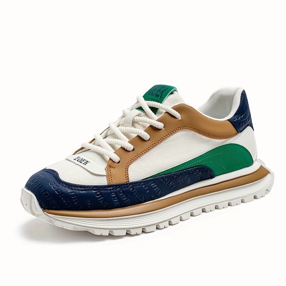 Men'S Stylish All-Season Sneakers - Round Toe Lace-Up Design, , Breathable Faux Casual Shoes with PVC Sole, Green & White Striped Outdoor Sneakers for Hiking