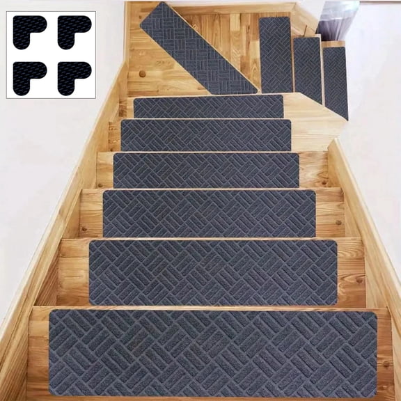 Bxaolu Indoor/Outdoor Hose-Wash Striped Design Non-Slip Self Adhesive 8" x 30" Modern Stair Treads for Stairs, Garage, Patio, 4 Pack, Gray