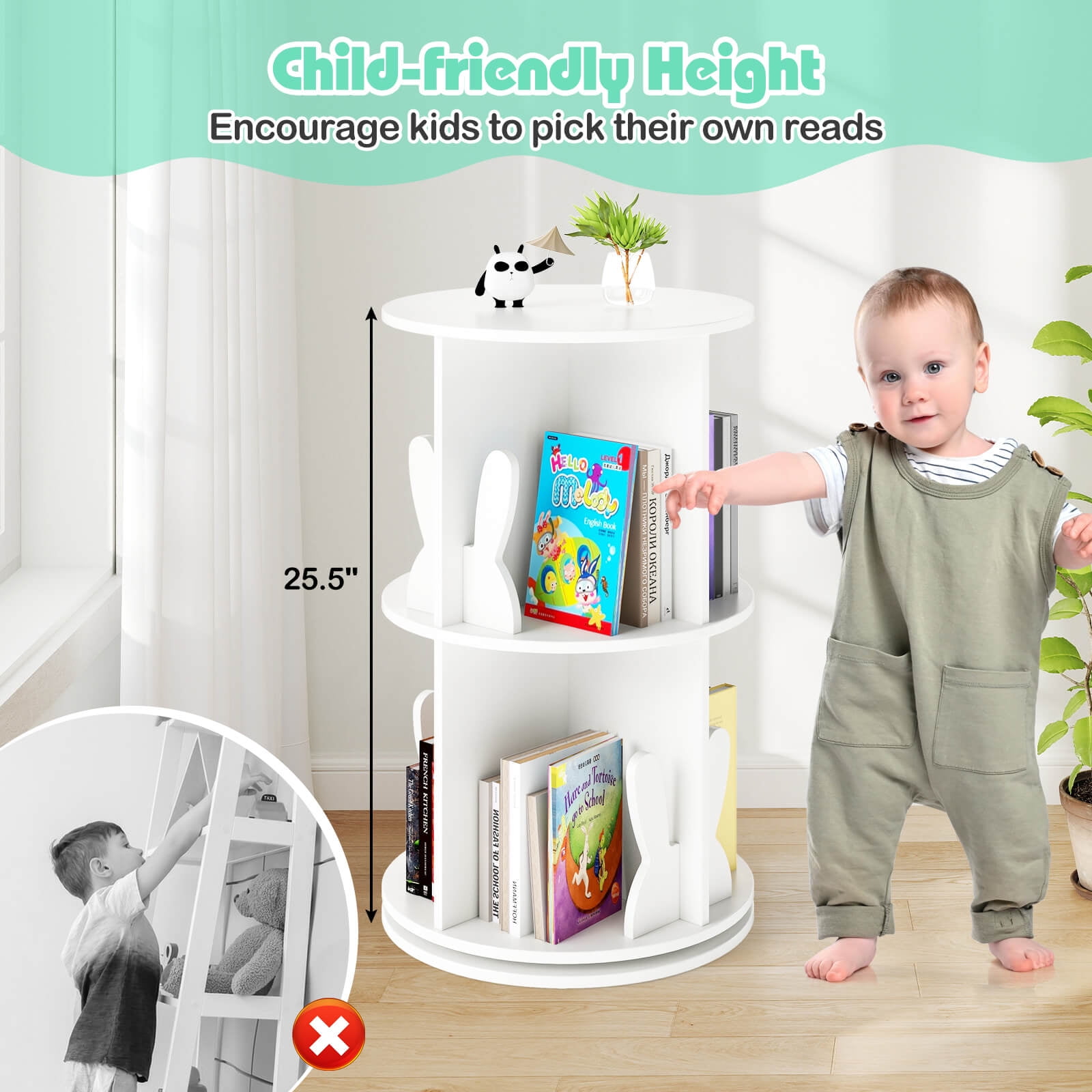 Costway Kids Rotating Bookshelf 2 Tier Freestanding 360° Revolving Display Storage Rack White