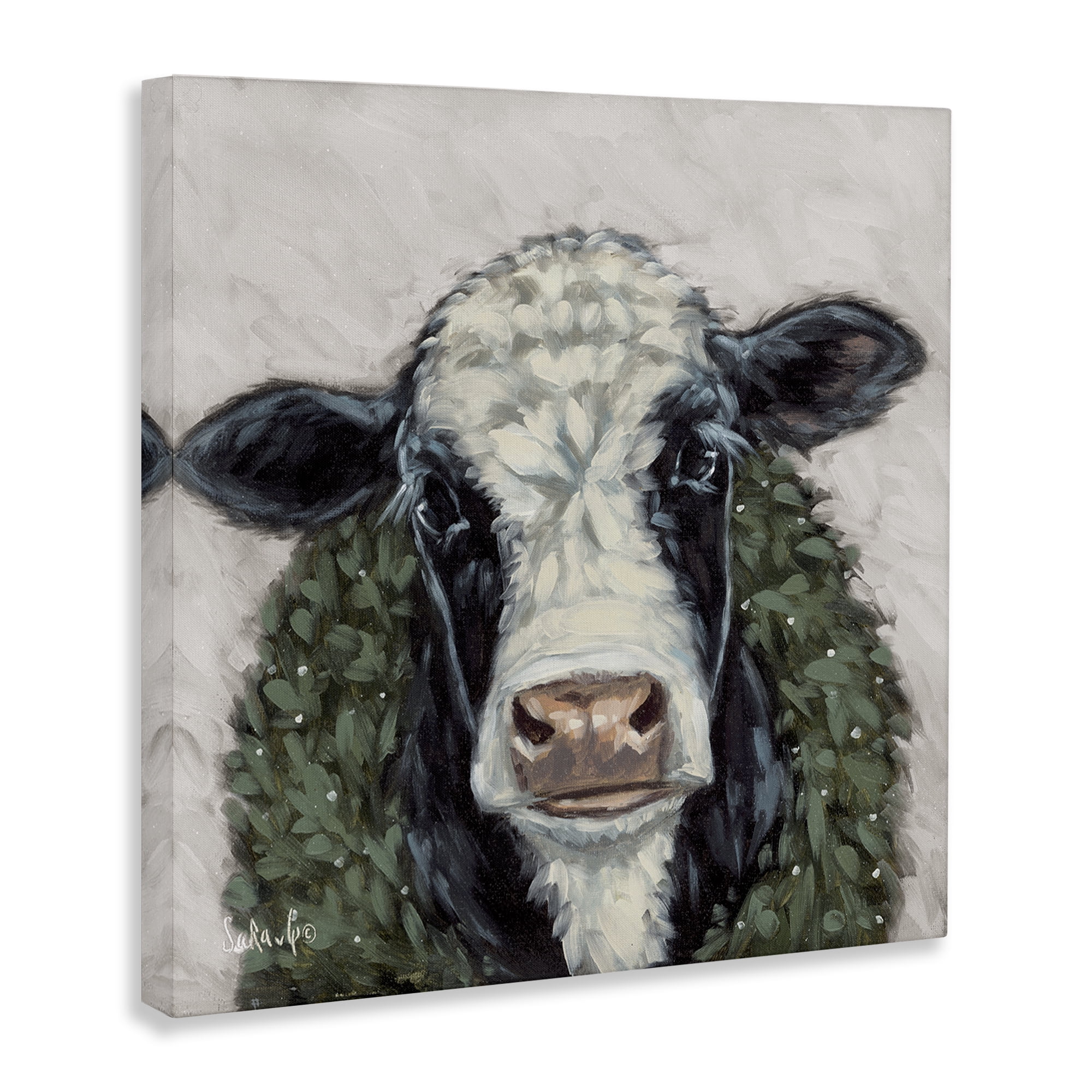 Stupell Industries Spotted Cow with Wreath Holiday Painting Gallery Wrapped Canvas Art Prints Wall Art, 17 x 17