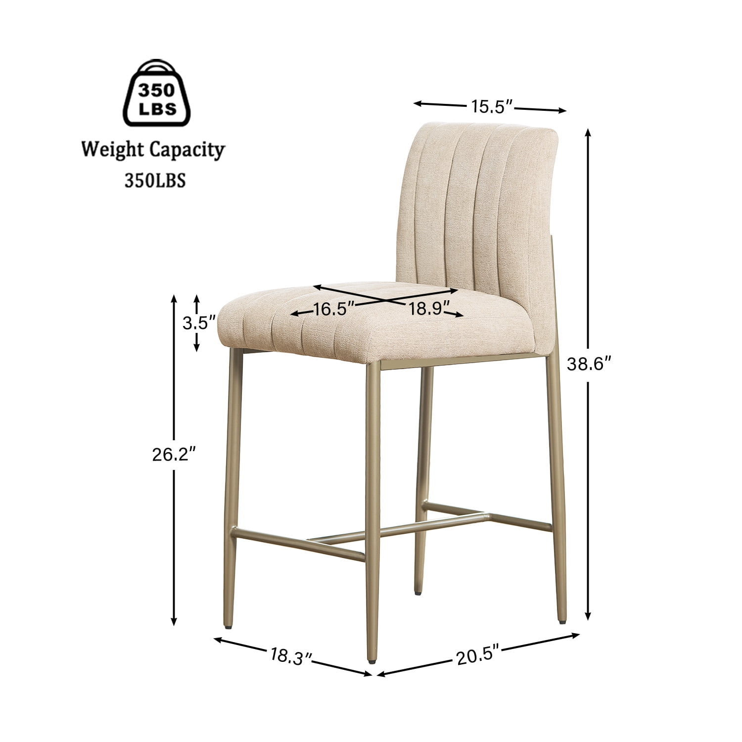 GrandNoor Comfortable Bar Stools Set of 3, 26” Thick Upholstered Counter Height Bar Stools with Back, Linen Counter Stools with Metal Legs for Kitchen Island, Khaki