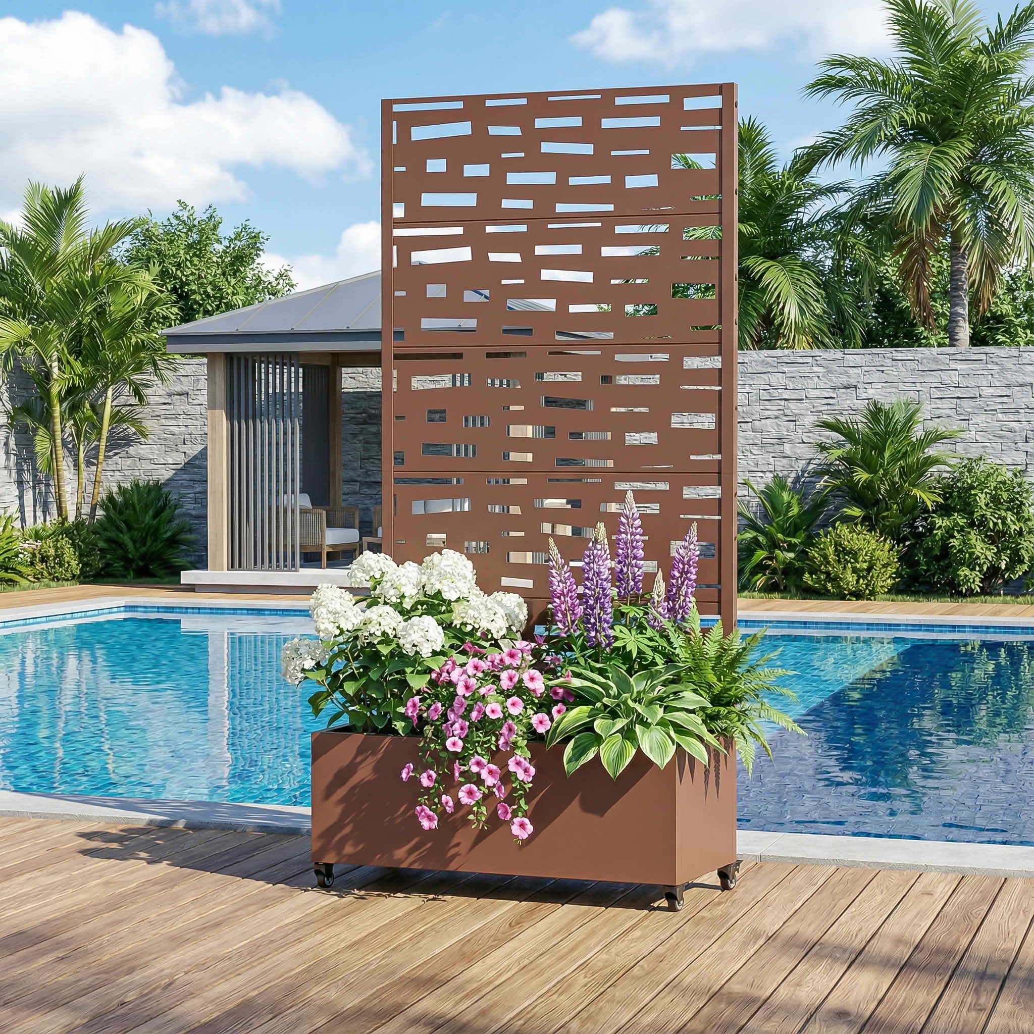 MAYEERTY 72X35" Metal Outdoor Brown Privacy Screen with Planter Box for Backyard & Garden, 5 Piece Set