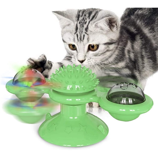 Interactive Cat Toy Rotating Windmill Teasing Scratching Tickling Hairbrush, Chew Toy with Twinkle Ball Catnip