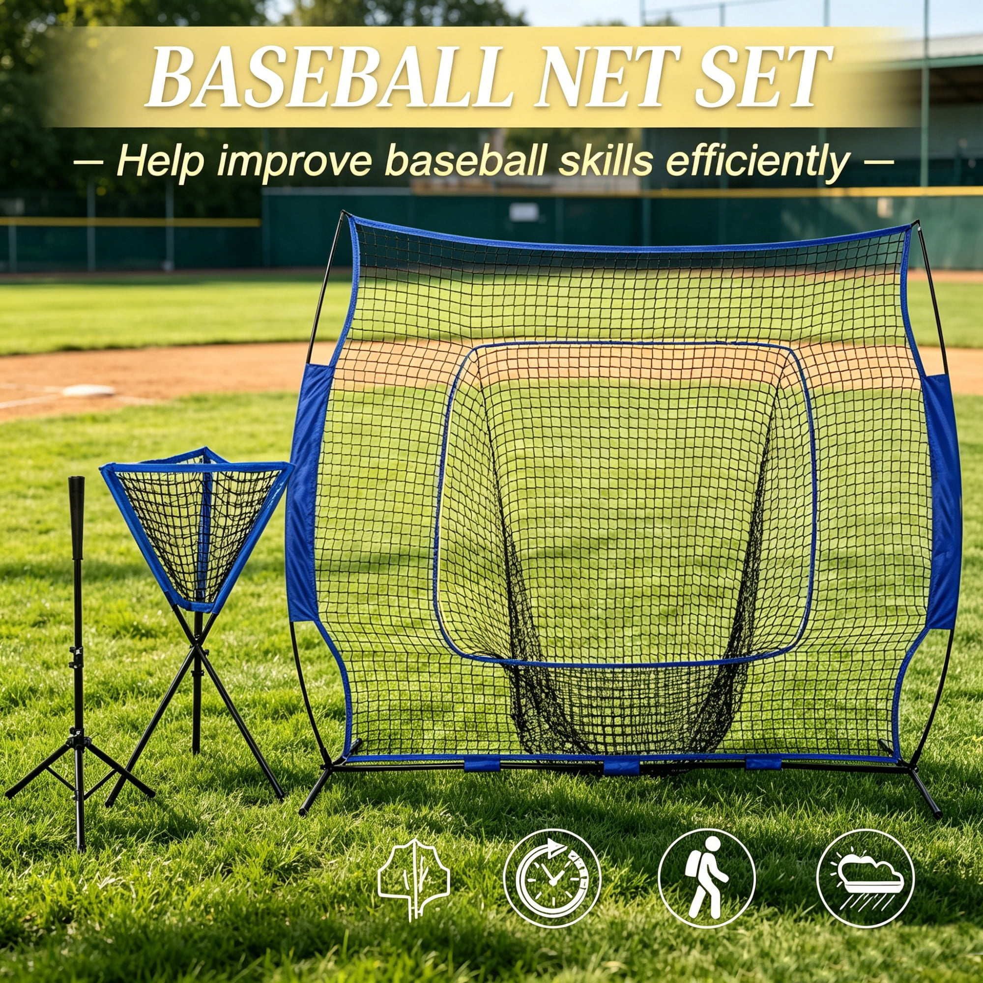 Baseball Hitting Practice Net Set with Batting Tee & 120-Ball Caddy, Tool-Free Quick Assembly Powder Coated Steel Frame Portable Training Net with Carry Bag