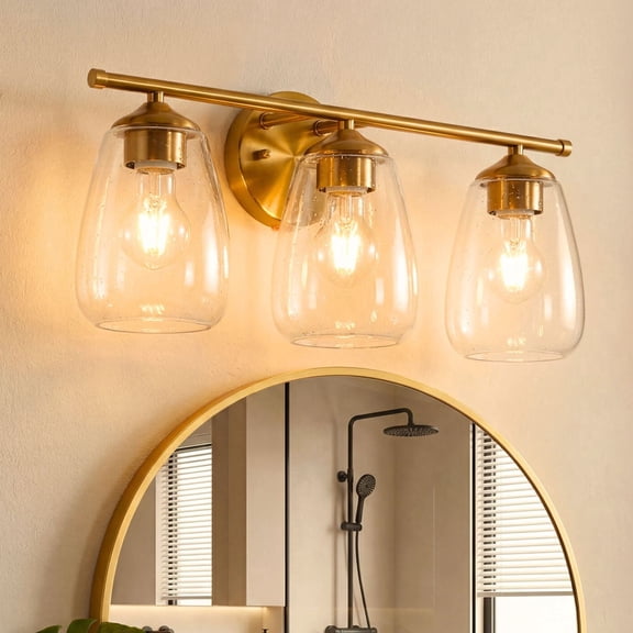 Tribesigns 3-Light Gold Bathroom Light Fixtures, Clear Glass Shade Wall Lamp, Bathroom Vanity Gold Wall Sconce Lamp over Mirror for Bedroom Living Room Hallway Cabinet (E26 Base)