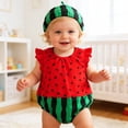 thumbnail image 2 of Tisuna Baby Summer Bodysuit Outfit With Hat Cute Cartoon Watermelon Print Ruffled Sleeve Crew Neck Romper Lightweight Casual Infant Boys Girls Party Playwear Red Size 12-18 Months, 2 of 5