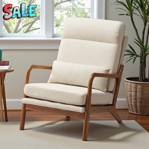 Tcbosik Linen Upholstered High Back Armchair β Mid-Century Modern Accent Lounge Chair with Solid Wood Frame and Waist Pillow for Living Room, Study & Bedroom, Beige