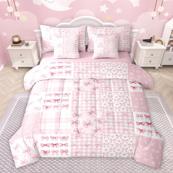 Homewish Pink Princess Bowknot Twin Bedding Sets 7-Piece for Girl, Kawaii Ribbon Bow Bedding Comforter Set, Fashion Bow-tie Reversible Sheet Sets, Breathable Home Decor