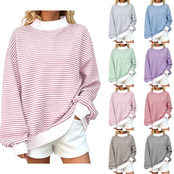 Mock Neck Sweatshirt Zaewscy Women's Stylish Striped Long-Sleeve Casual Knit Pullover Comfortable Winter Top Pink M